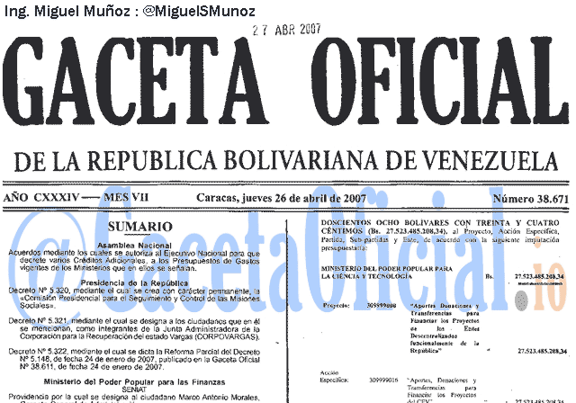 Gaceta Oficial 38671 del 26 Abril 2007