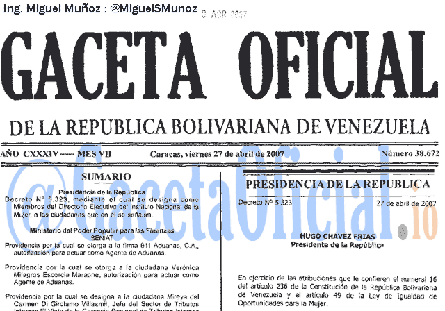 Gaceta Oficial 38672 del 27 Abril 2007