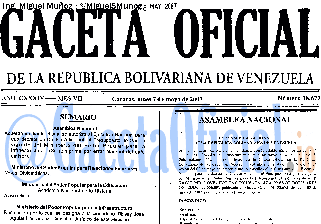 Gaceta Oficial 38677 del 7 Mayo 2007