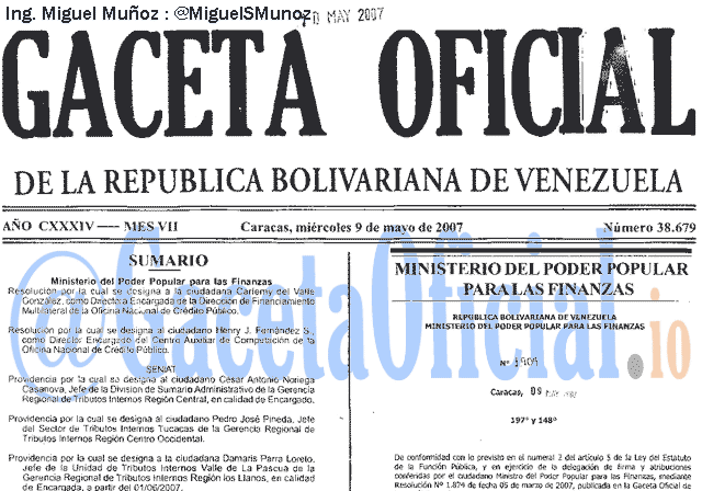 Gaceta Oficial 38679 del 9 Mayo 2007