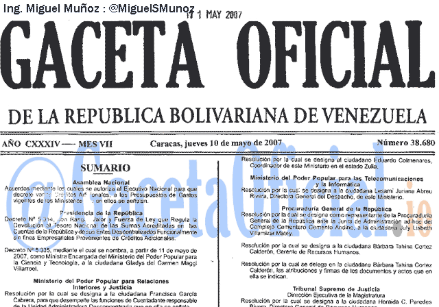Gaceta Oficial 38680 del 10 Mayo 2007