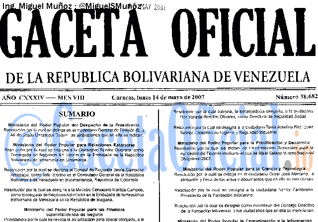 Gaceta Oficial 38682 del 14 Mayo 2007