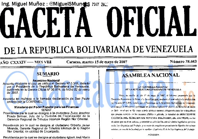 Gaceta Oficial 38683 del 15 Mayo 2007