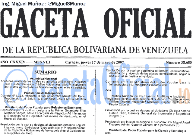 Gaceta Oficial 38685 del 17 Mayo 2007