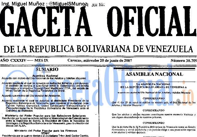 Gaceta Oficial 38709 del 20 Junio 2007