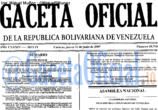 Gaceta Oficial 38710 del 21 Junio 2007
