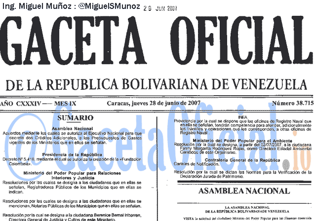 Gaceta Oficial 38715 del 28 Junio 2007