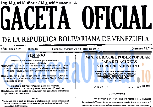 Gaceta Oficial 38716 del 29 Junio 2007