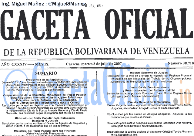Gaceta Oficial 38718 del 3 Julio 2007