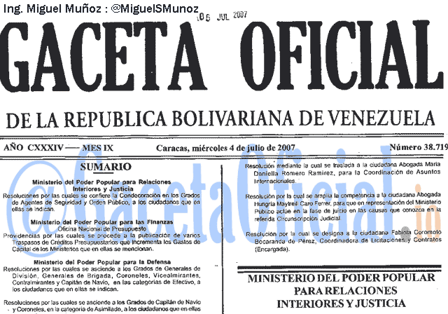 Gaceta Oficial 38719 del 4 Julio 2007