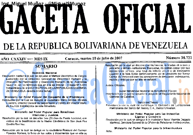Gaceta Oficial 38722 del 10 Julio 2007