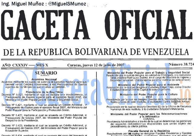 Gaceta Oficial 38724 del 12 Julio 2007