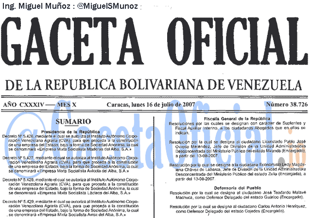 Gaceta Oficial 38726 del 16 Julio 2007