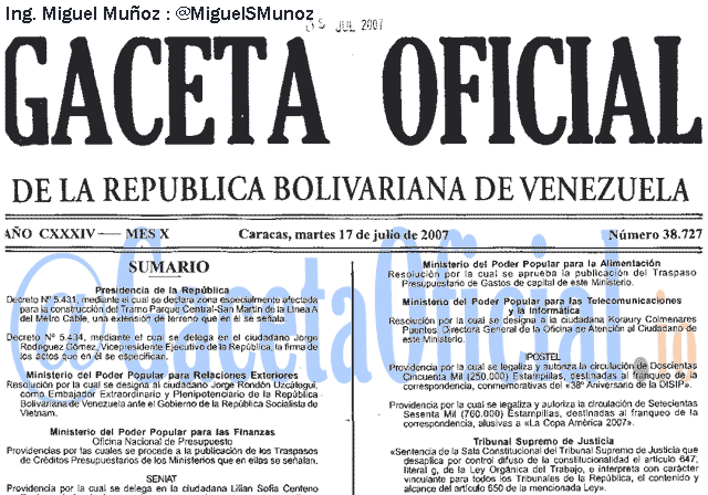 Gaceta Oficial 38727 del 17 Julio 2007
