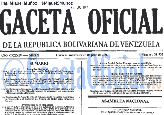 Gaceta Oficial 38732 del 25 Julio 2007