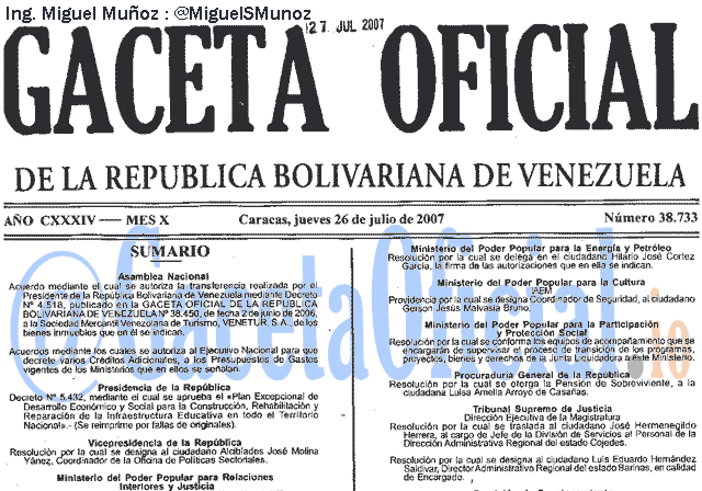 Gaceta Oficial 38733 del 26 Julio 2007