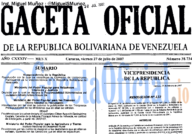 Gaceta Oficial 38734 del 27 Julio 2007