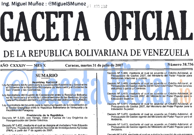 Gaceta Oficial 38736 del 31 Julio 2007