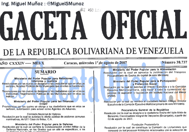 Gaceta Oficial 38737 del 1 Agosto 2007