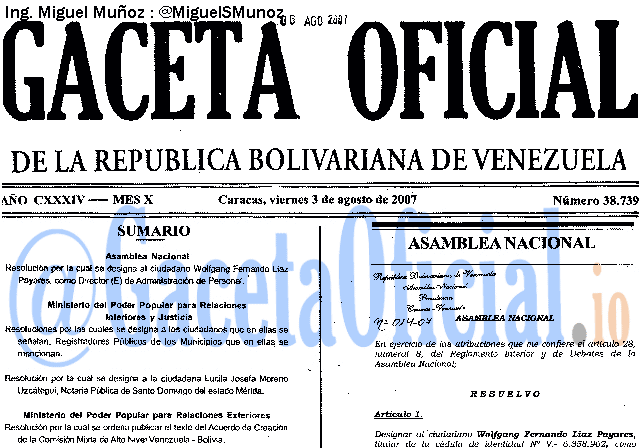 Gaceta Oficial 38739 del 3 Agosto 2007