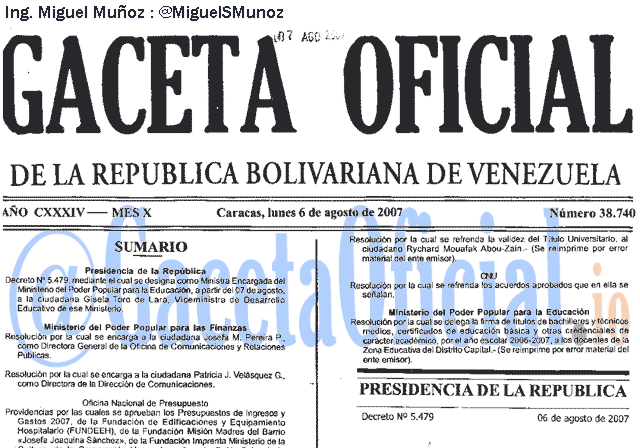Gaceta Oficial 38740 del 6 Agosto 2007