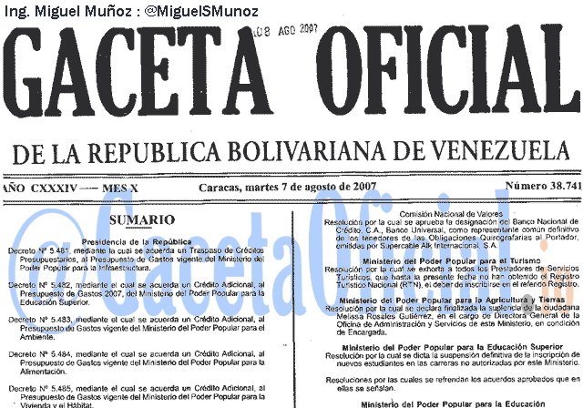 Gaceta Oficial 38741 del 7 Agosto 2007