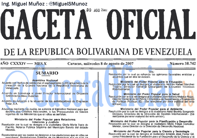 Gaceta Oficial 38742 del 8 Agosto 2007