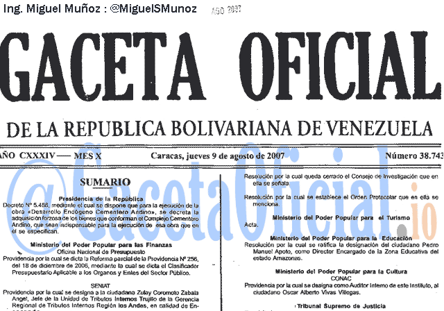 Gaceta Oficial 38743 del 9 Agosto 2007