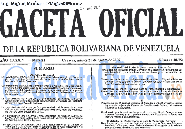 Gaceta Oficial 38751 del 21 Agosto 2007