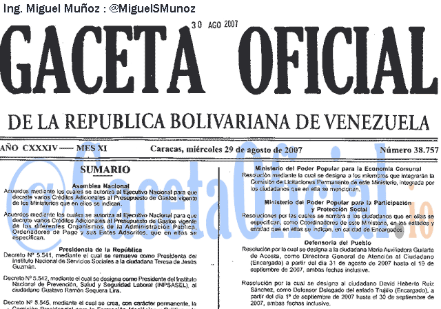 Gaceta Oficial 38757 del 29 Agosto 2007