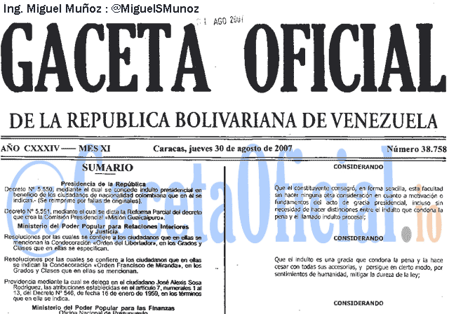 Gaceta Oficial 38758 del 30 Agosto 2007