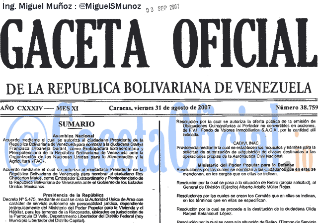 Gaceta Oficial 38759 del 31 Agosto 2007