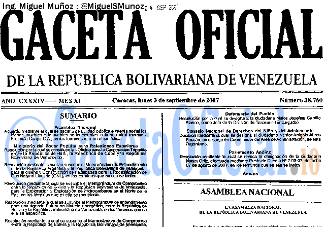 Gaceta Oficial 38760 del 3 Septiembre 2007