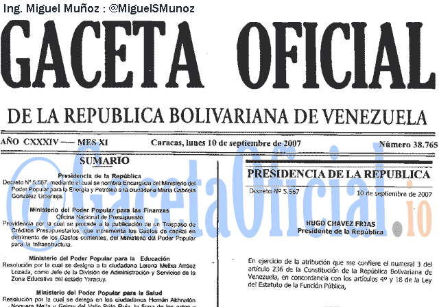 Gaceta Oficial 38765 del 10 Septiembre 2007