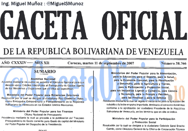 Gaceta Oficial 38766 del 11 Septiembre 2007