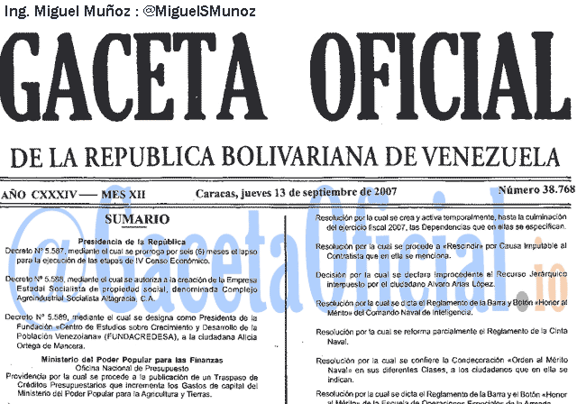 Gaceta Oficial 38768 del 13 Septiembre 2007