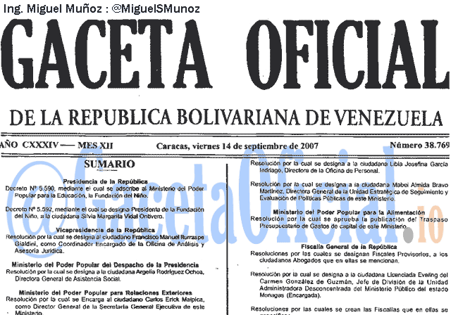 Gaceta Oficial 38769 del 14 Septiembre 2007