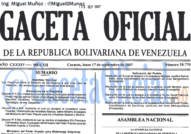 Gaceta Oficial 38770 del 17 Septiembre 2007