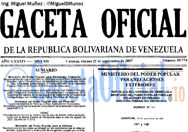 Gaceta Oficial 38774 del 21 Septiembre 2007