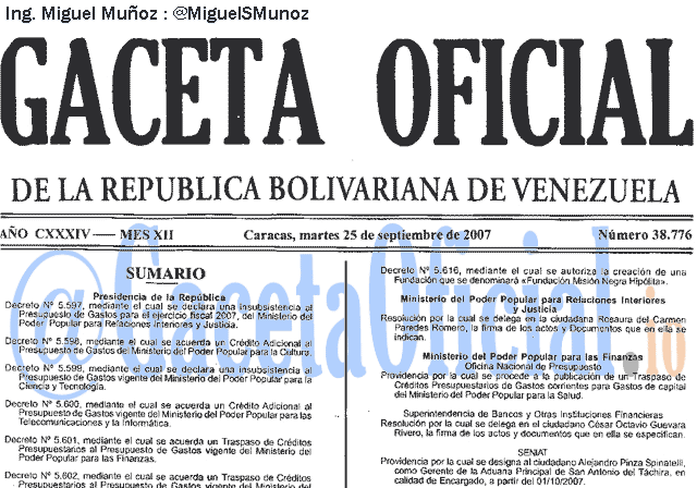 Gaceta Oficial 38776 del 25 Septiembre 2007