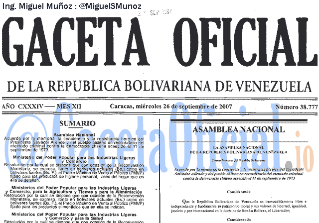 Gaceta Oficial 38777 del 26 Septiembre 2007