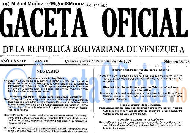 Gaceta Oficial 38778 del 27 Septiembre 2007