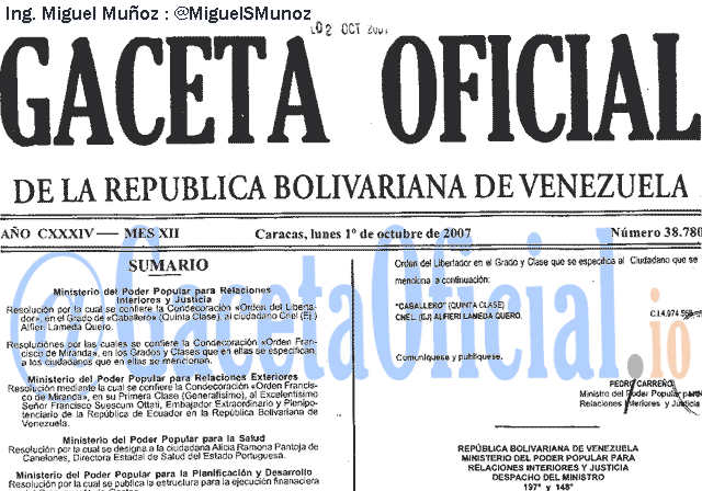 Gaceta Oficial 38780 del 1 Octubre 2007