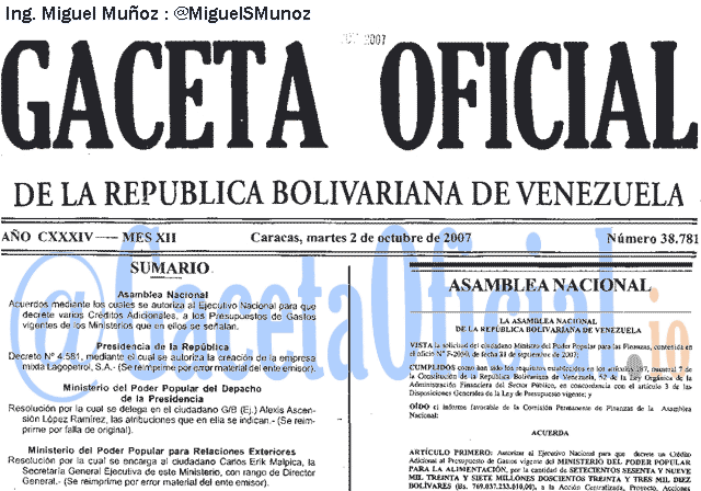 Gaceta Oficial 38781 del 2 Octubre 2007