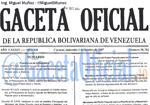 Gaceta Oficial 38782 del 3 Octubre 2007