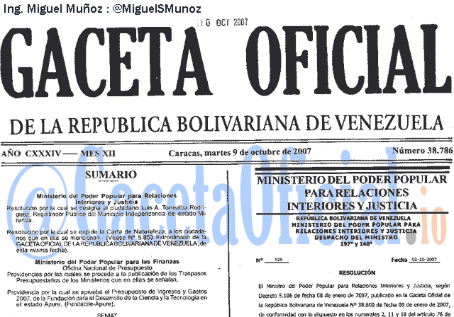 Gaceta Oficial 38786 del 9 Octubre 2007