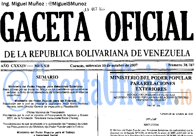 Gaceta Oficial 38787 del 10 Octubre 2007