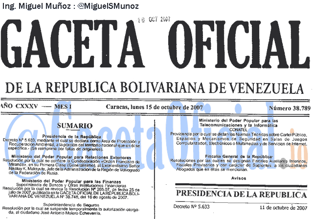 Gaceta Oficial 38789 del 15 Octubre 2007