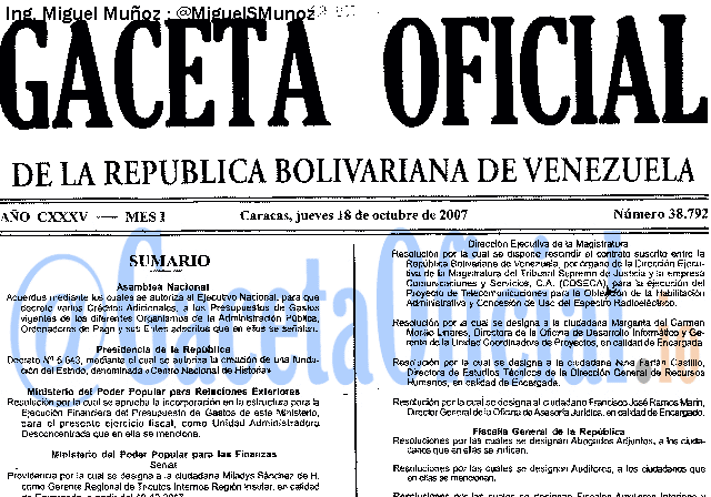 Gaceta Oficial 38792 del 18 Octubre 2007