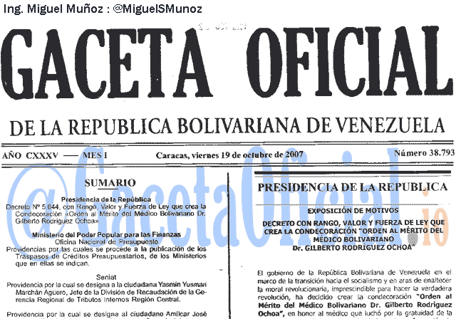 Gaceta Oficial 38793 del 19 Octubre 2007